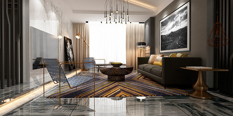 Modern living room with fine art displayed over the couch.